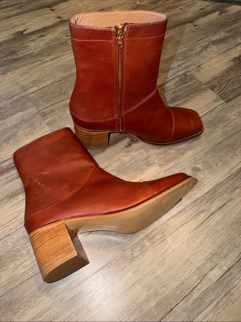 Women's Chestnut Leather Mid-Calf Block Heel Zip Booties